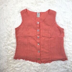 Match Point Tank Top Womens Medium Coral Linen Button Down Ruffle Hem Sleeveless